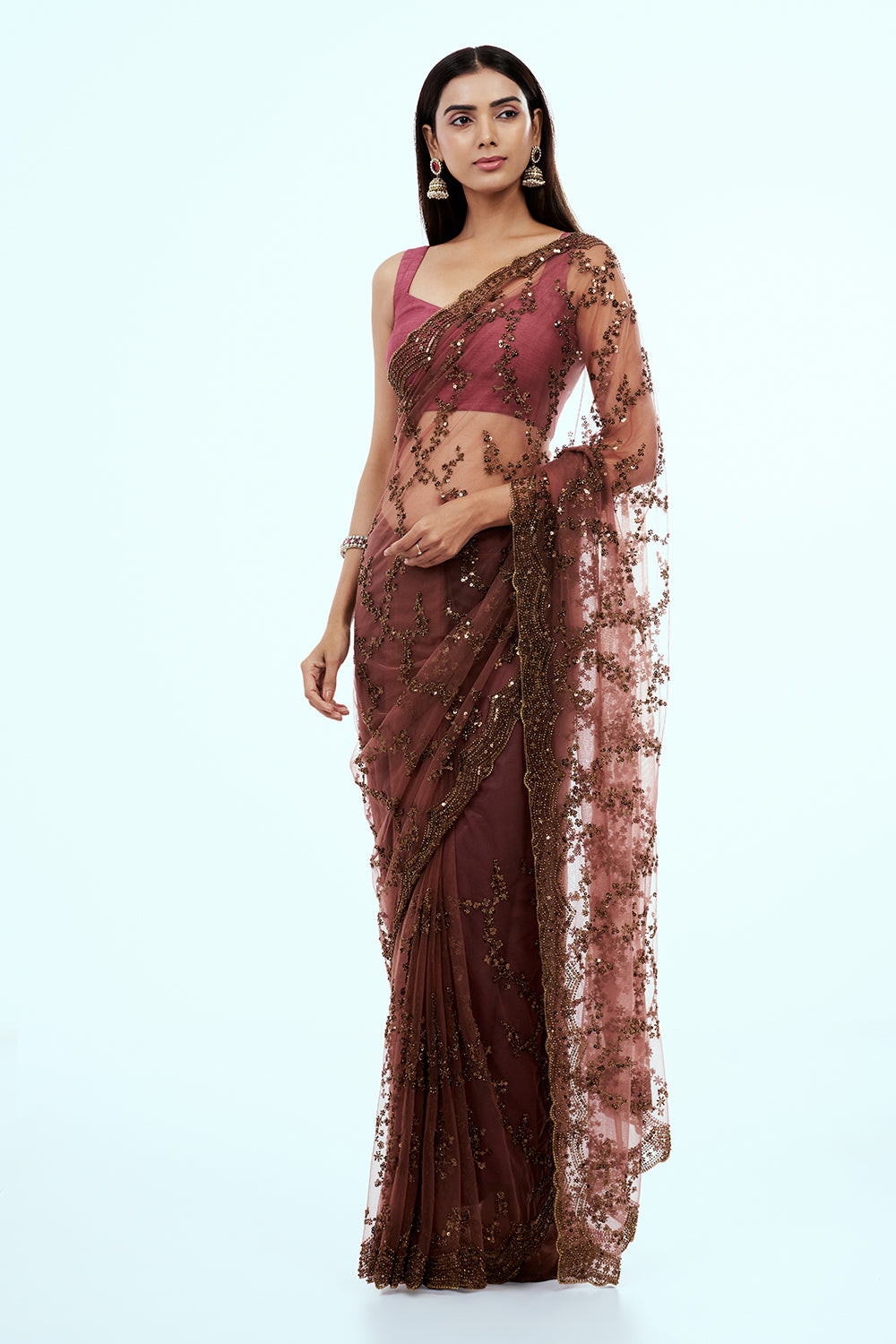 Salmon Pink Net Saree with Bronze Sequin Work