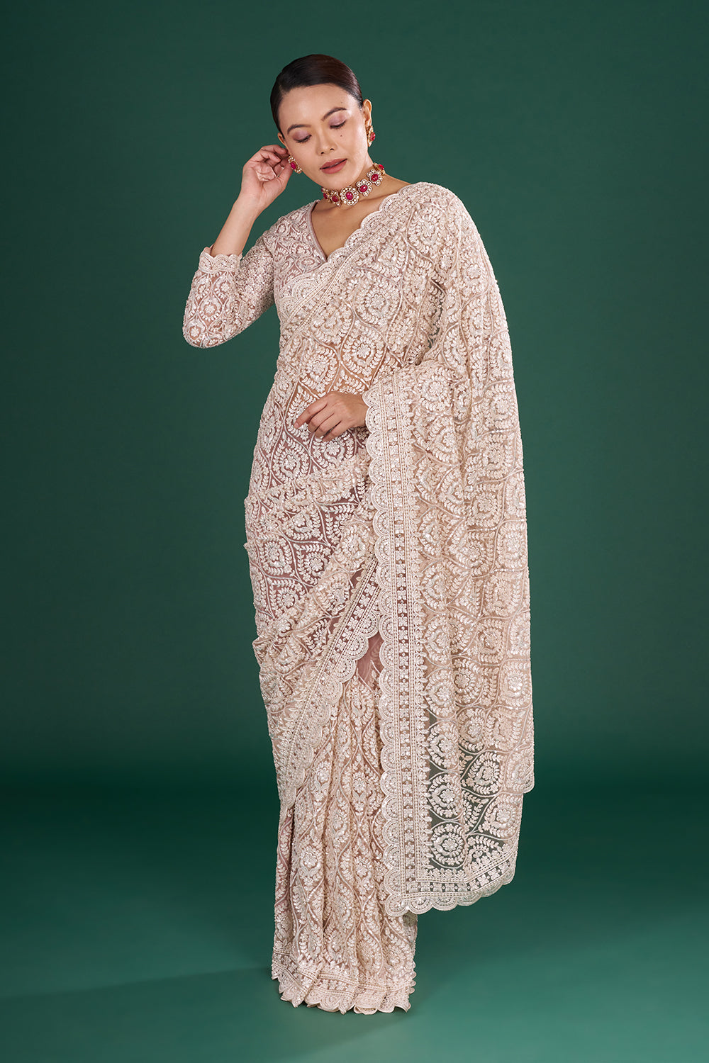 Powder Pink Net Saree with Scalloped Border and Stitched Blouse