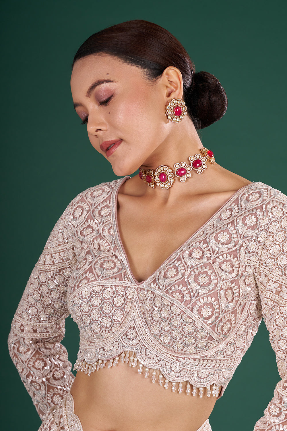 Powder Pink Net Saree with Scalloped Border and Stitched Blouse