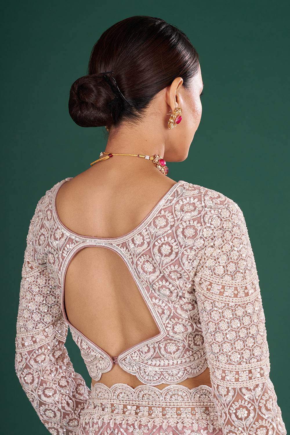 Powder Pink Net Saree with Scalloped Border and Stitched Blouse