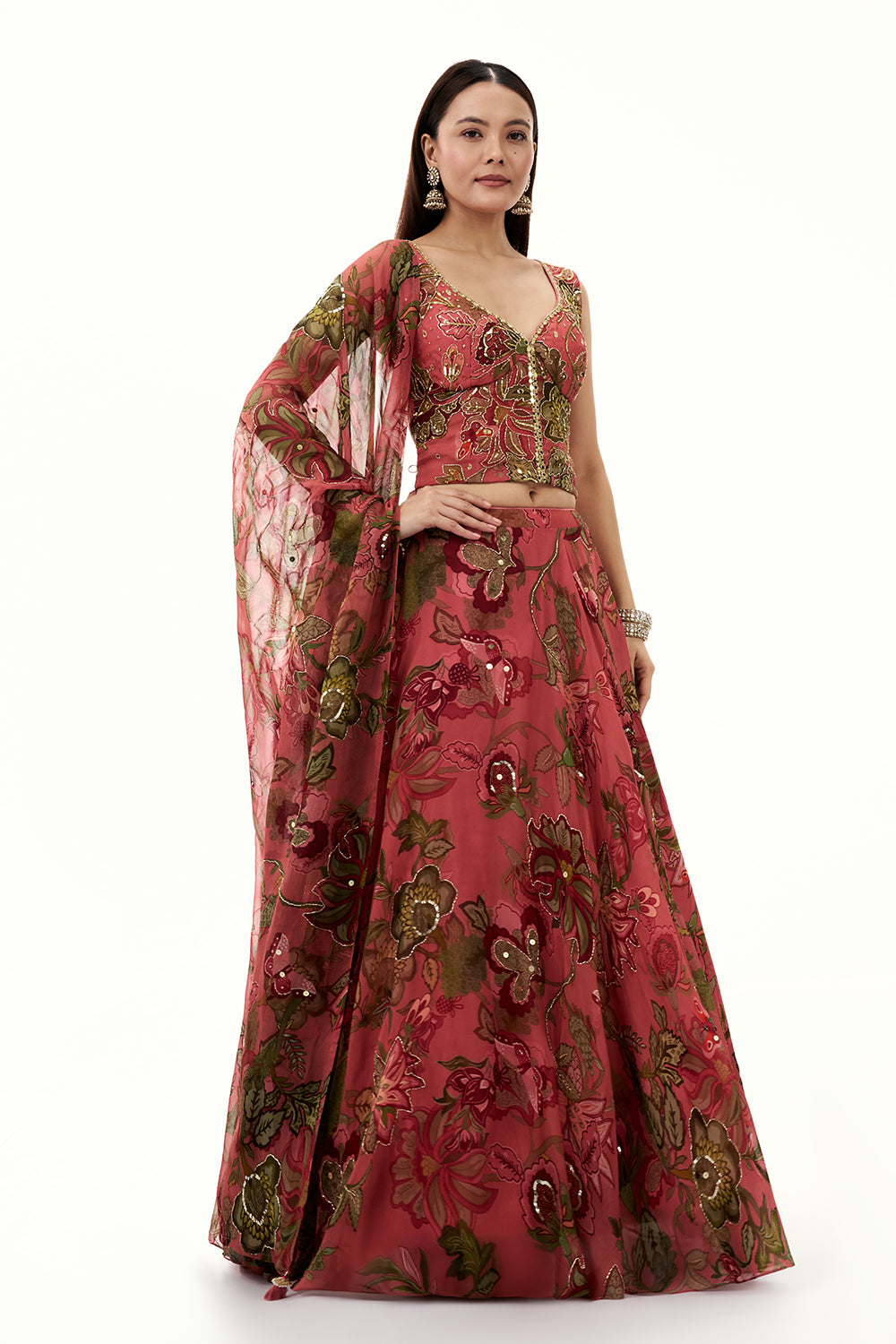 Salmon Pink Organza Lehenga with Mirror and Sequin Work