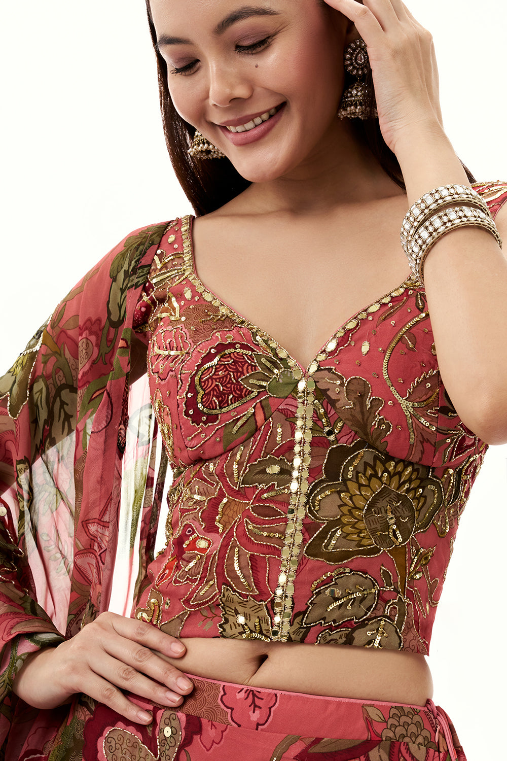 Salmon Pink Organza Lehenga with Mirror and Sequin Work
