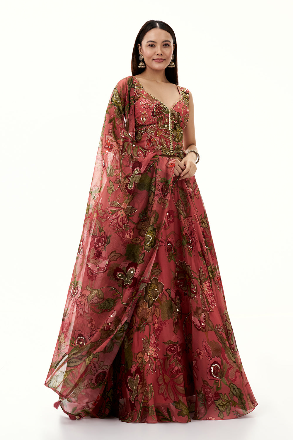 Salmon Pink Organza Lehenga with Mirror and Sequin Work