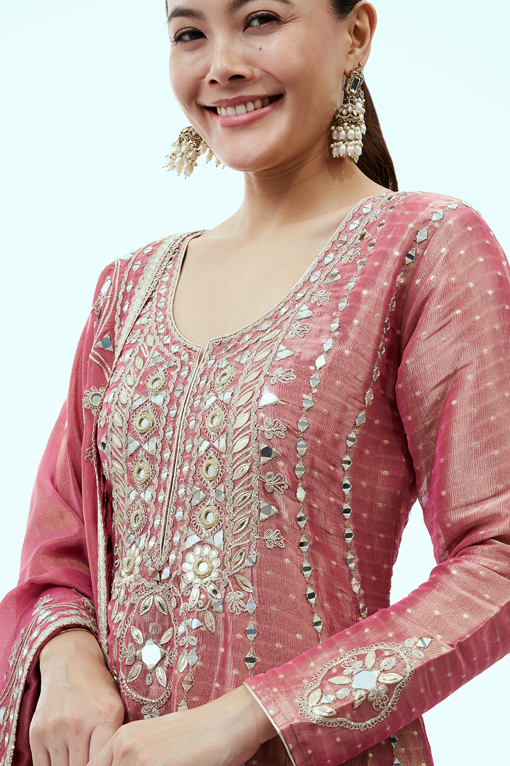 Salmon Pink Tissue Chanderi Anarkali Suit with Mirror Work