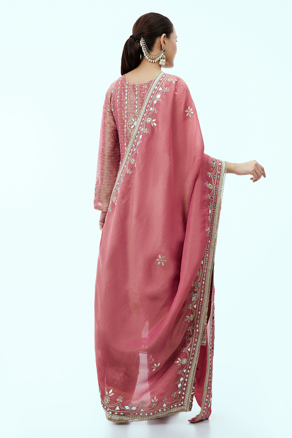 Salmon Pink Tissue Chanderi Anarkali Suit with Mirror Work