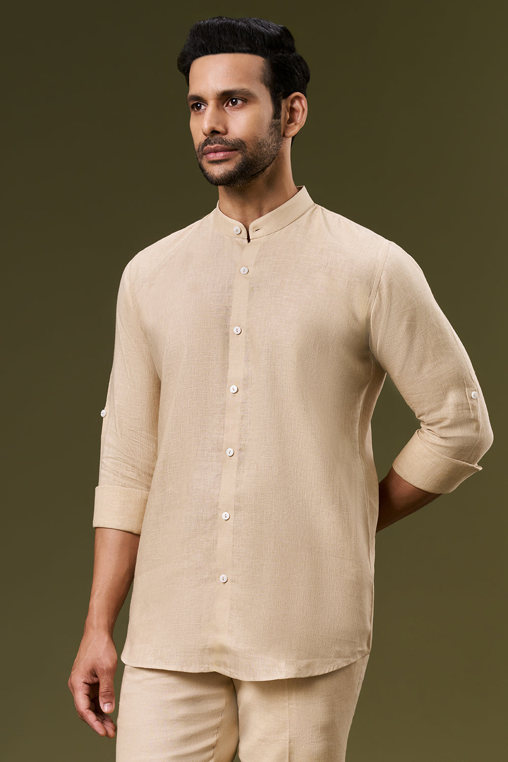 Sand Beige Linen Embroidered Bundi Set with Thread Work