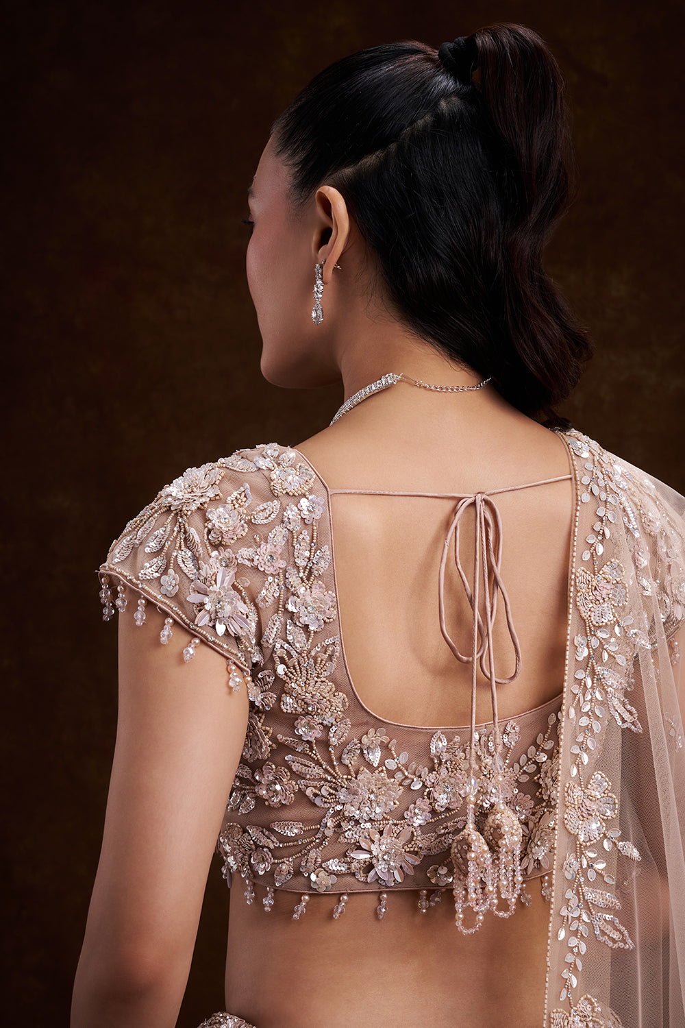 Sand Gold Net Bridal Lehenga with 3D Floral Embellishments