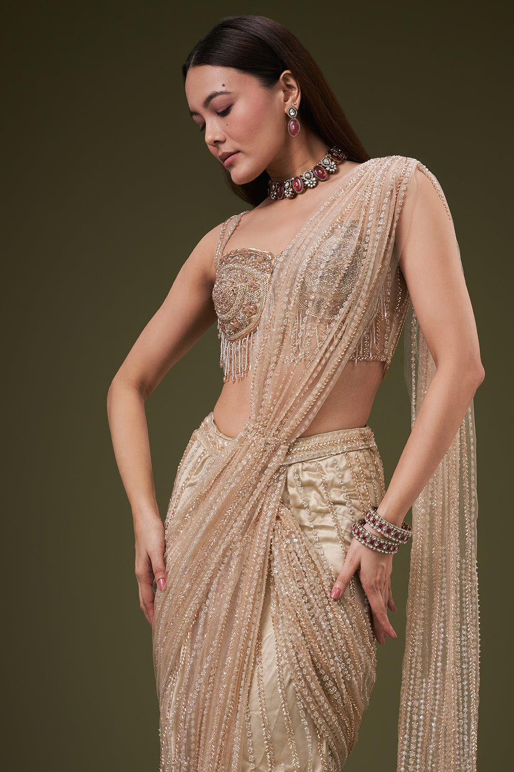 Sand Gold Net Ready Pleated Saree with Bead and Cutdana Work
