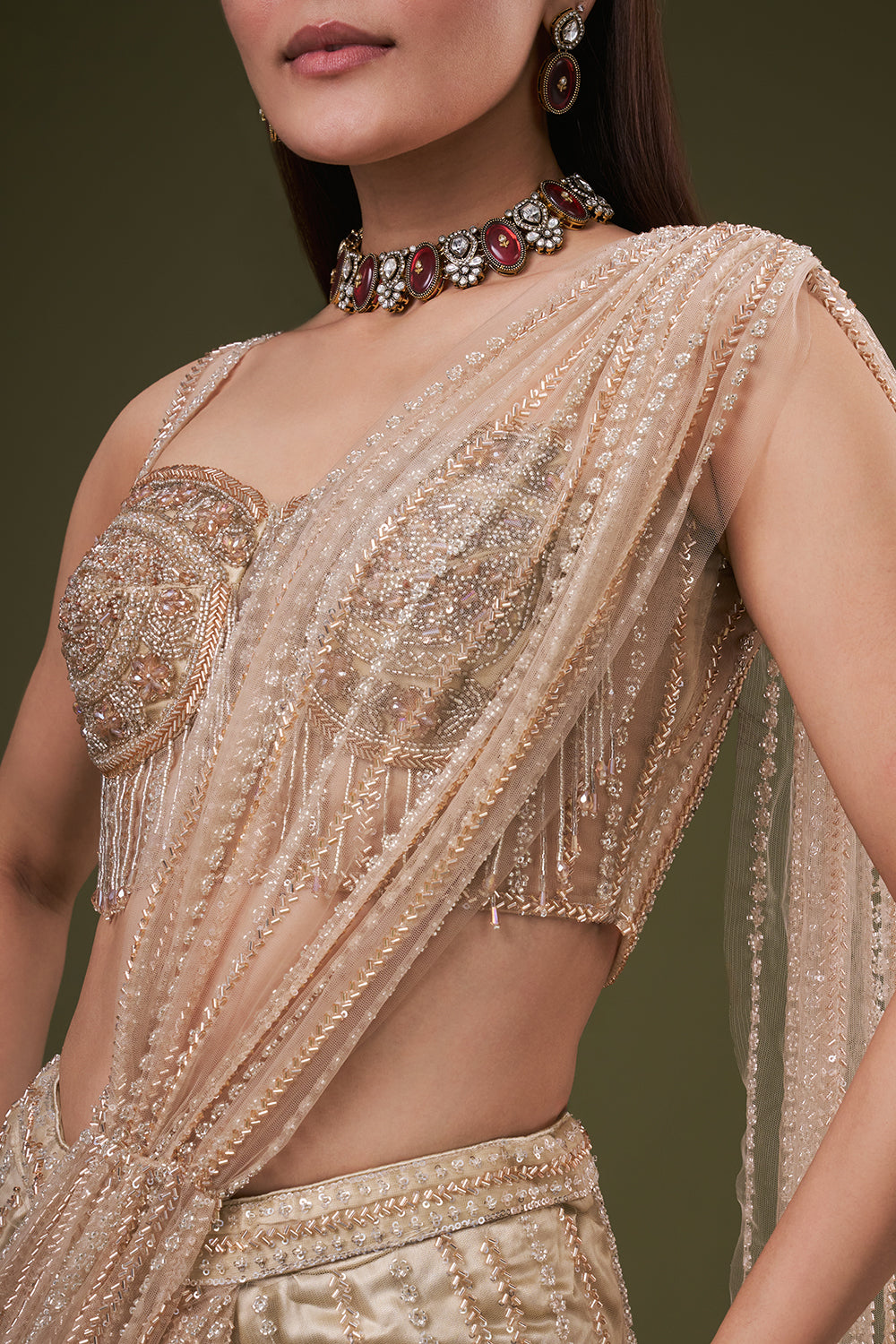 Sand Gold Net Ready Pleated Saree with Bead and Cutdana Work