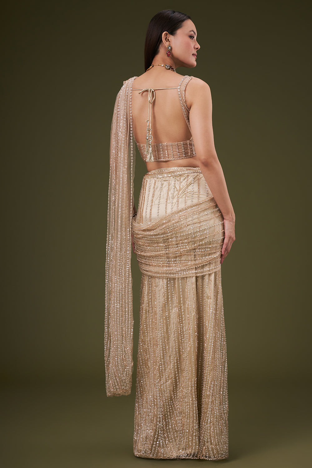 Sand Gold Net Ready Pleated Saree with Bead and Cutdana Work