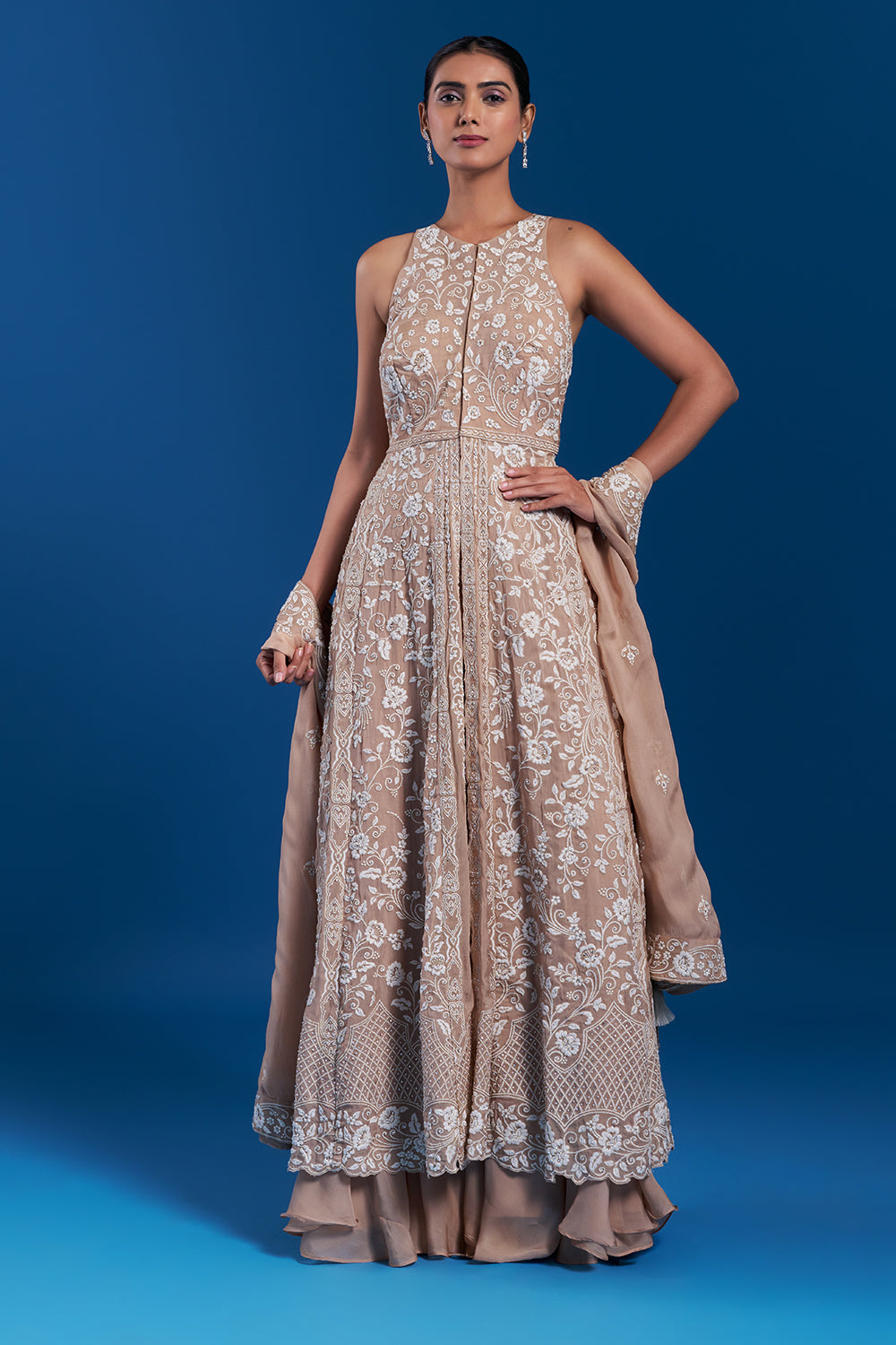 Sand Gold Organza Anarkali Set with Floral Pattern