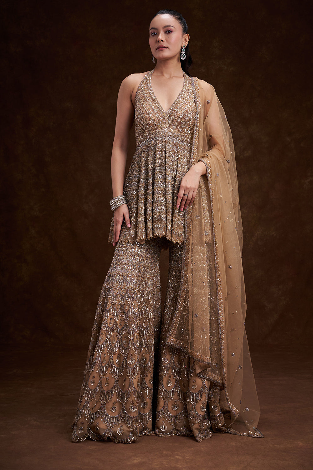 Sand Golden Net Bridal Indo Western Set with Abstract Embellishments