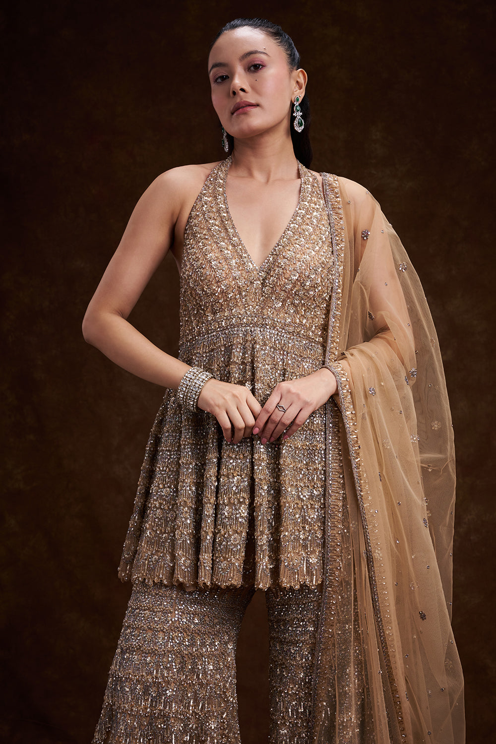 Sand Golden Net Bridal Indo Western Set with Abstract Embellishments