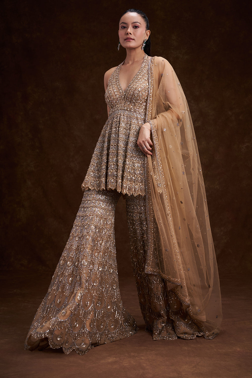 Sand Golden Net Bridal Indo Western Set with Abstract Embellishments