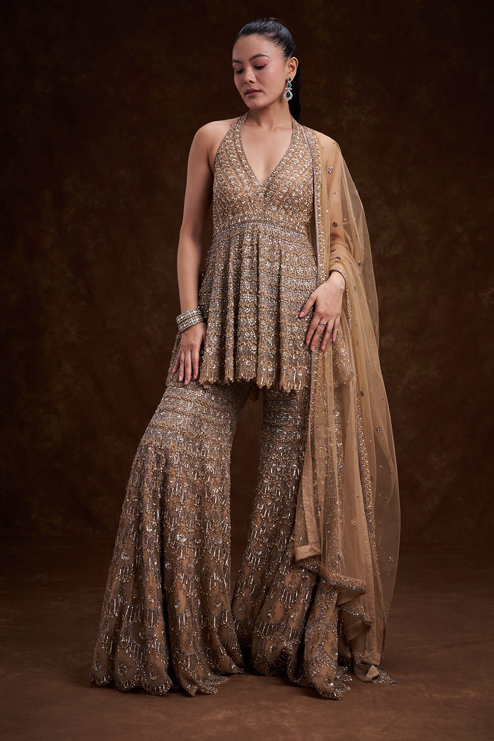 Sand Golden Net Bridal Indo Western Set with Abstract Embellishments