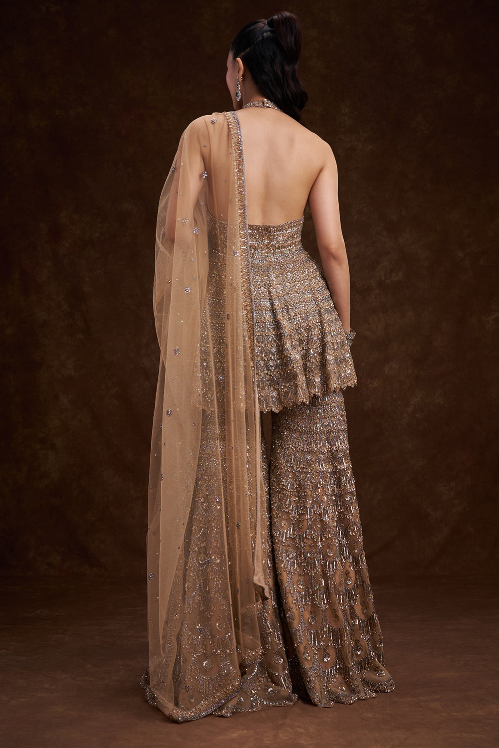Sand Golden Net Bridal Indo Western Set with Abstract Embellishments