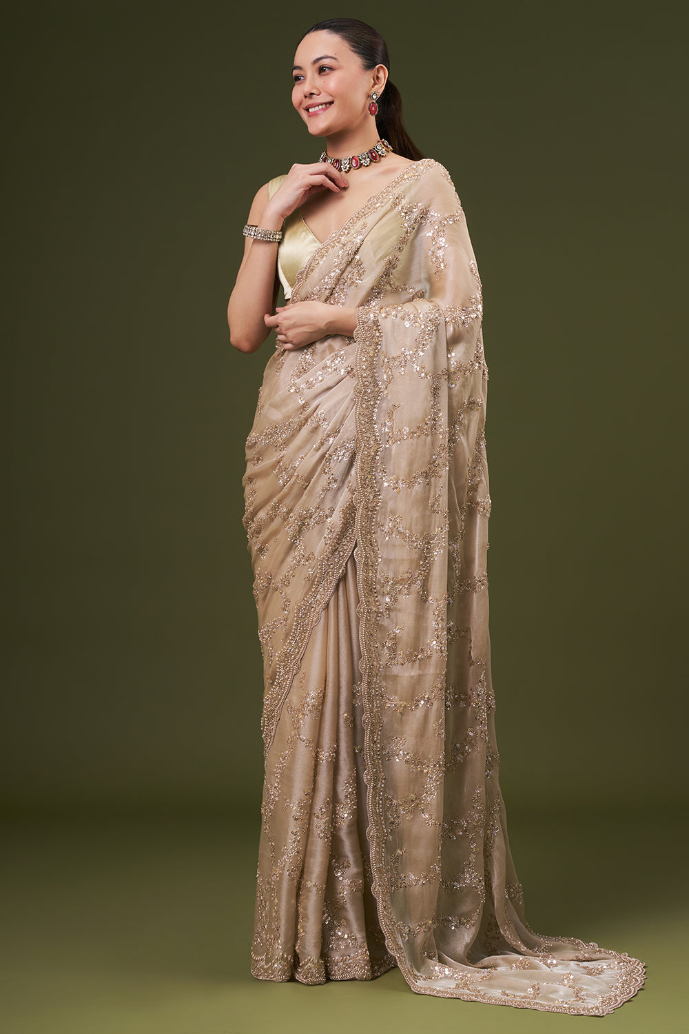 Sand Golden Organza Embroidered Saree with Sequin and Pearl Work