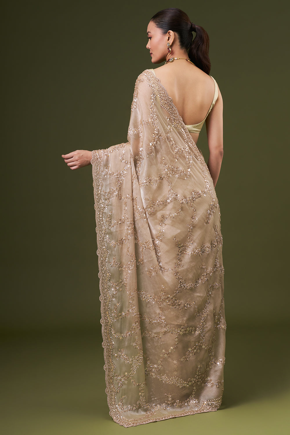 Sand Golden Organza Embroidered Saree with Sequin and Pearl Work