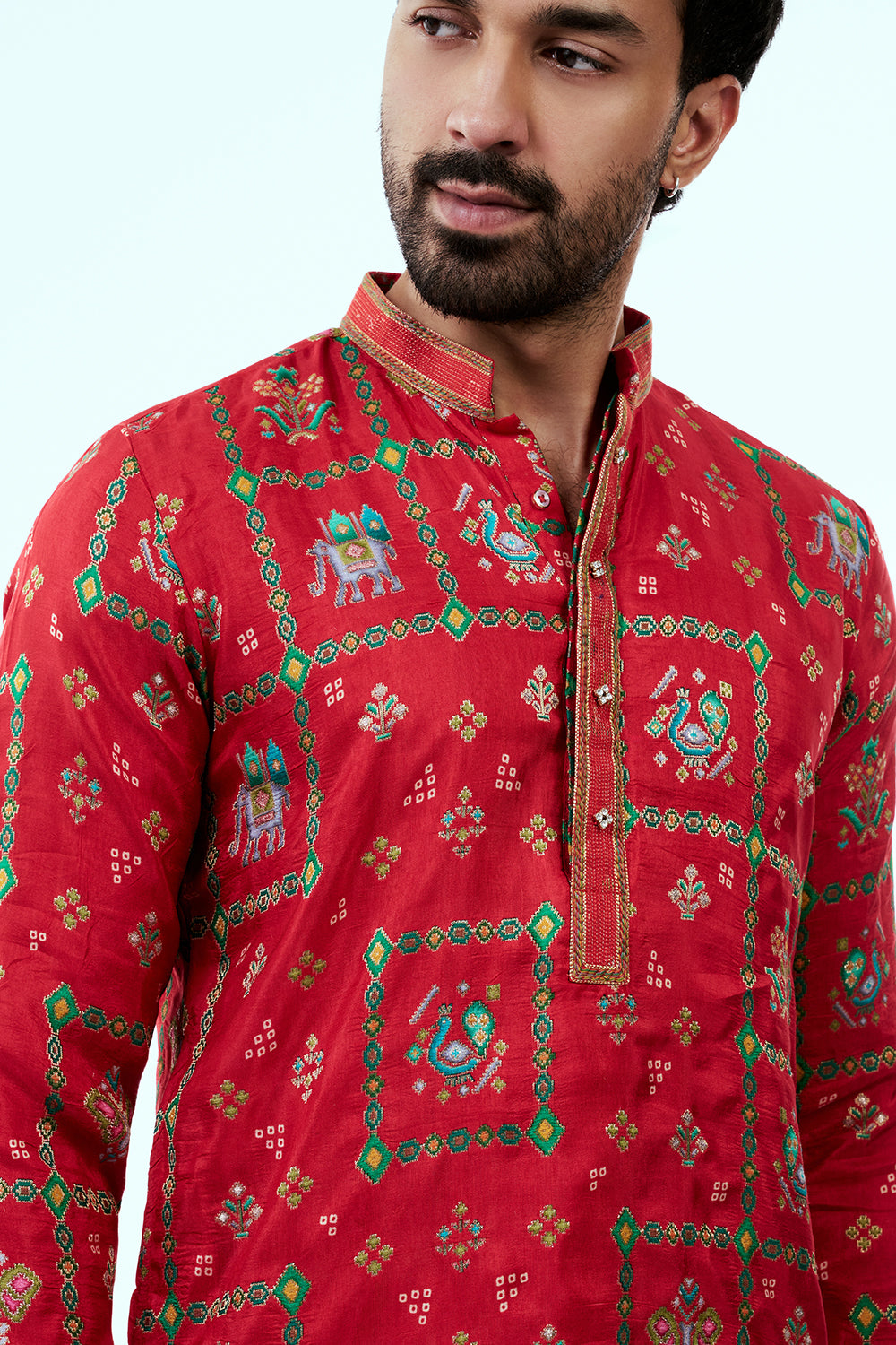 Scarlet Red Art Silk Patola Design Mens Kurta Set
