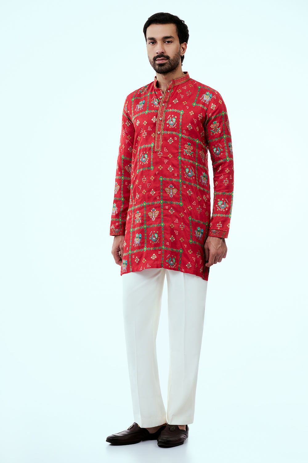Scarlet Red Art Silk Patola Design Mens Kurta Set
