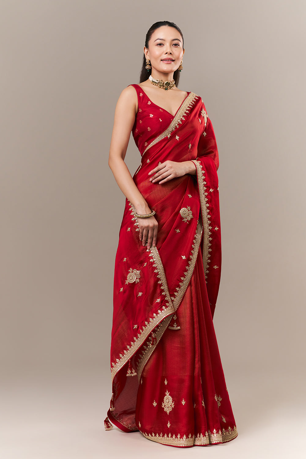 Scarlet Red Tissue Silk Jacquard Saree with Zari and Sequin Work