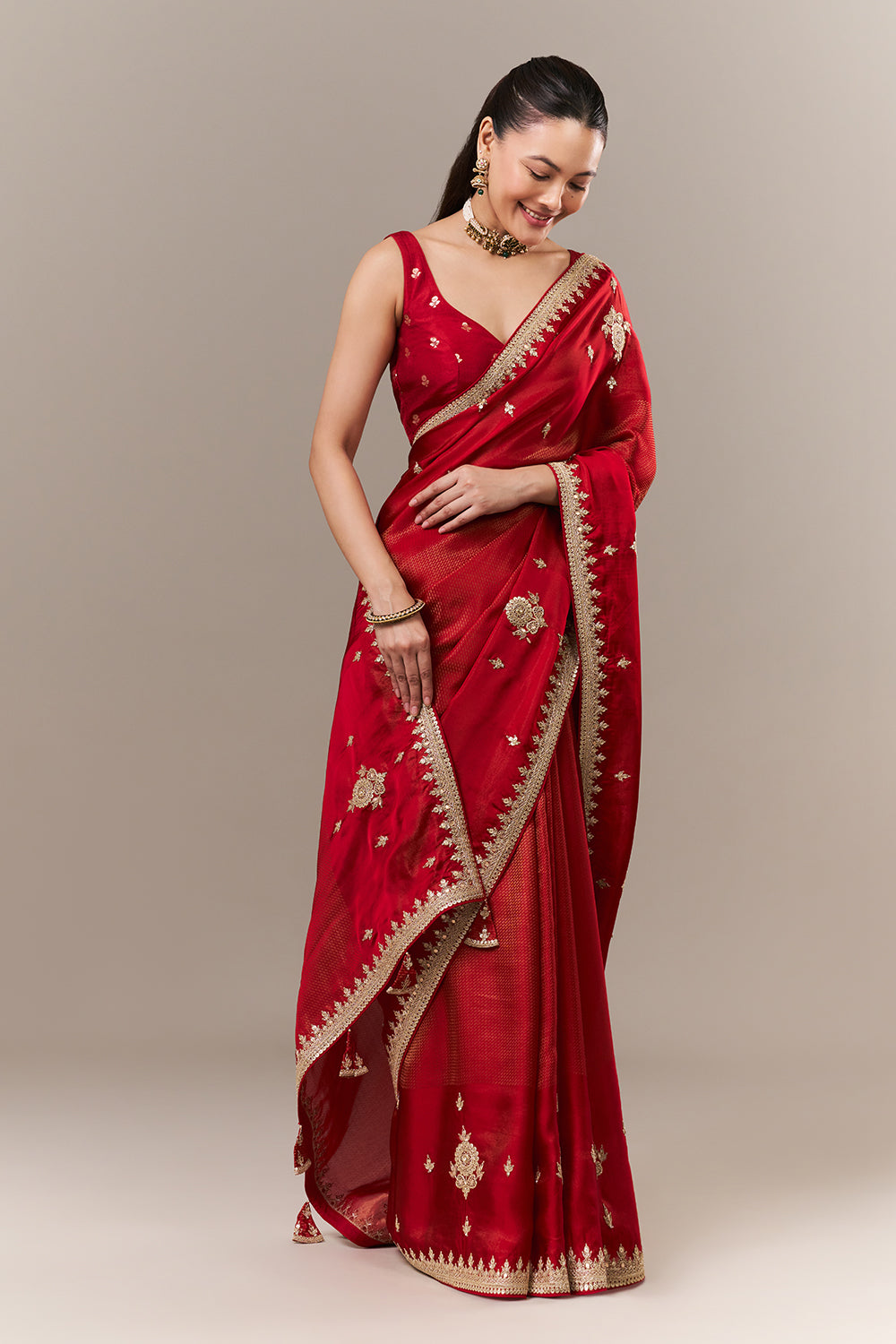 Scarlet Red Tissue Silk Jacquard Saree with Zari and Sequin Work