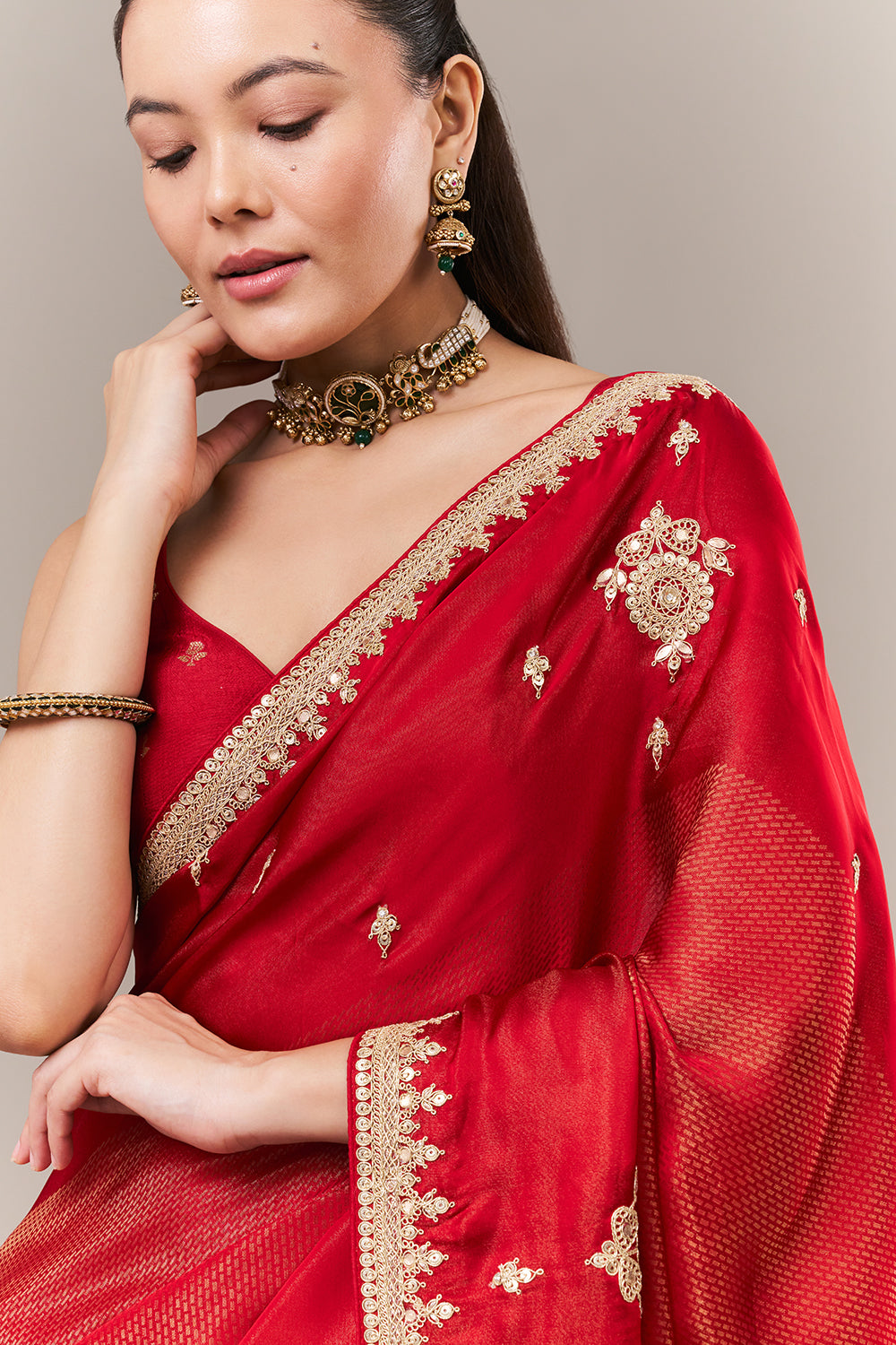 Scarlet Red Tissue Silk Jacquard Saree with Zari and Sequin Work