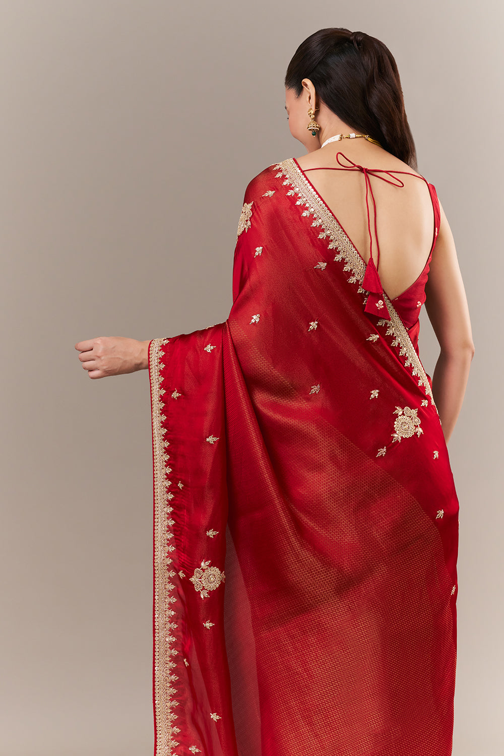 Scarlet Red Tissue Silk Jacquard Saree with Zari and Sequin Work