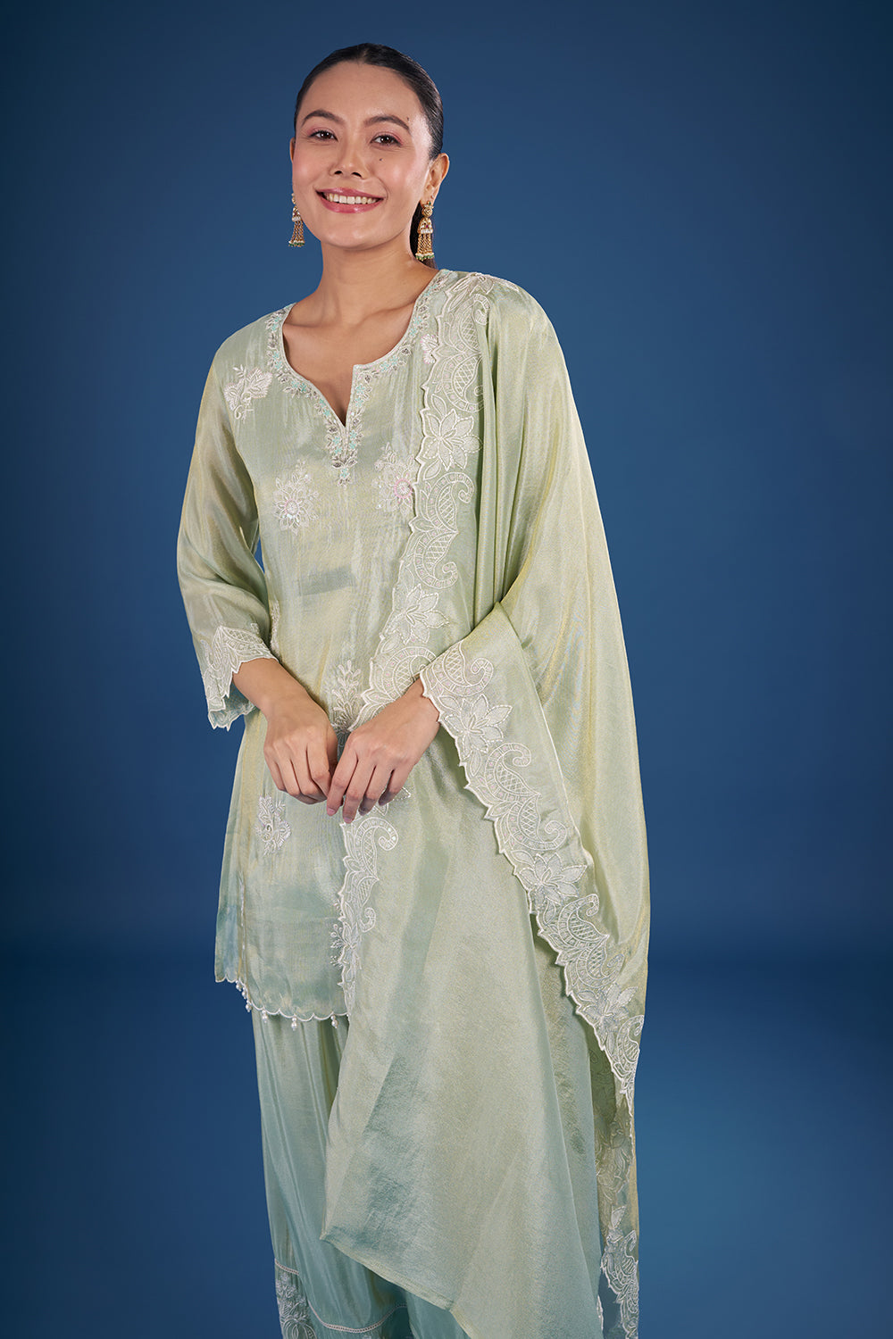 Sea Green Chanderi Kurta Set with Lace Embroidery