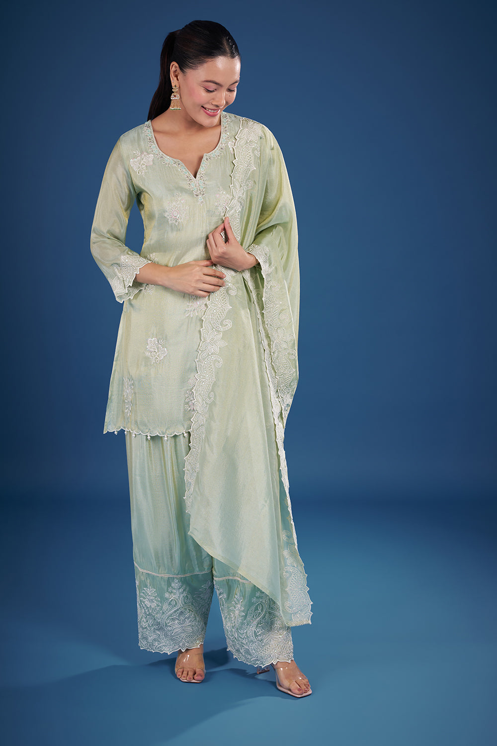 Sea Green Chanderi Kurta Set with Lace Embroidery