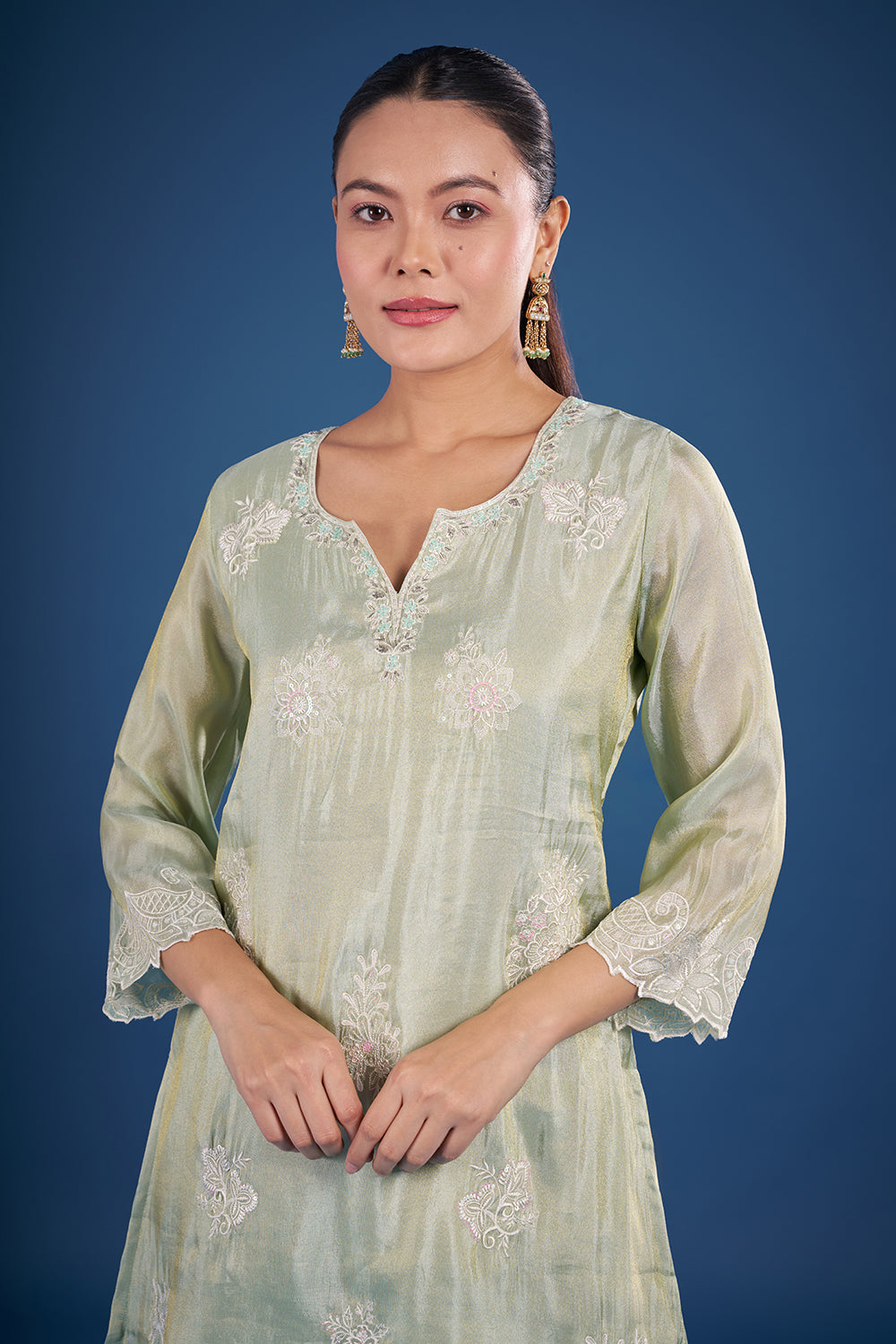 Sea Green Chanderi Kurta Set with Lace Embroidery