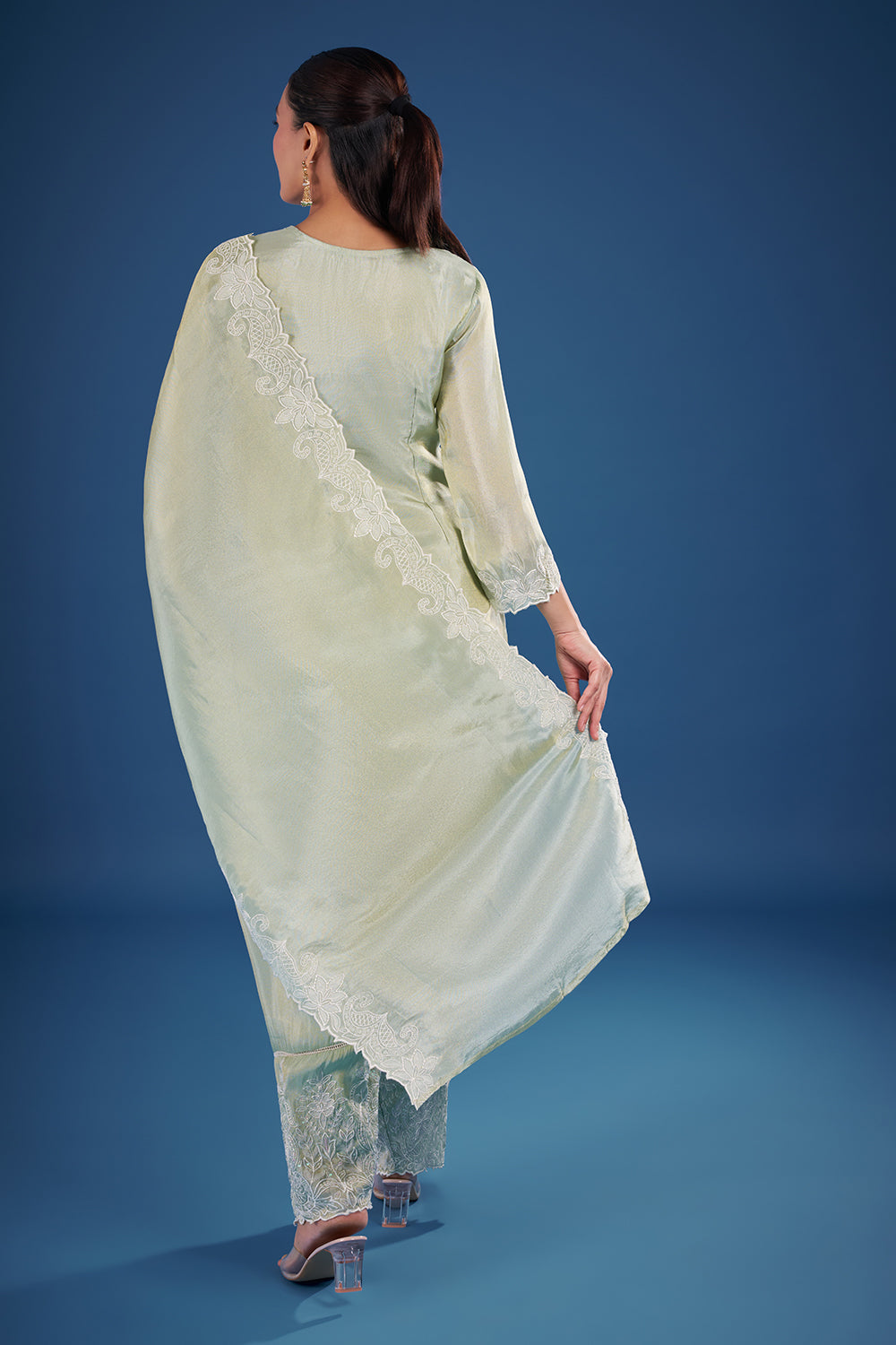 Sea Green Chanderi Kurta Set with Lace Embroidery