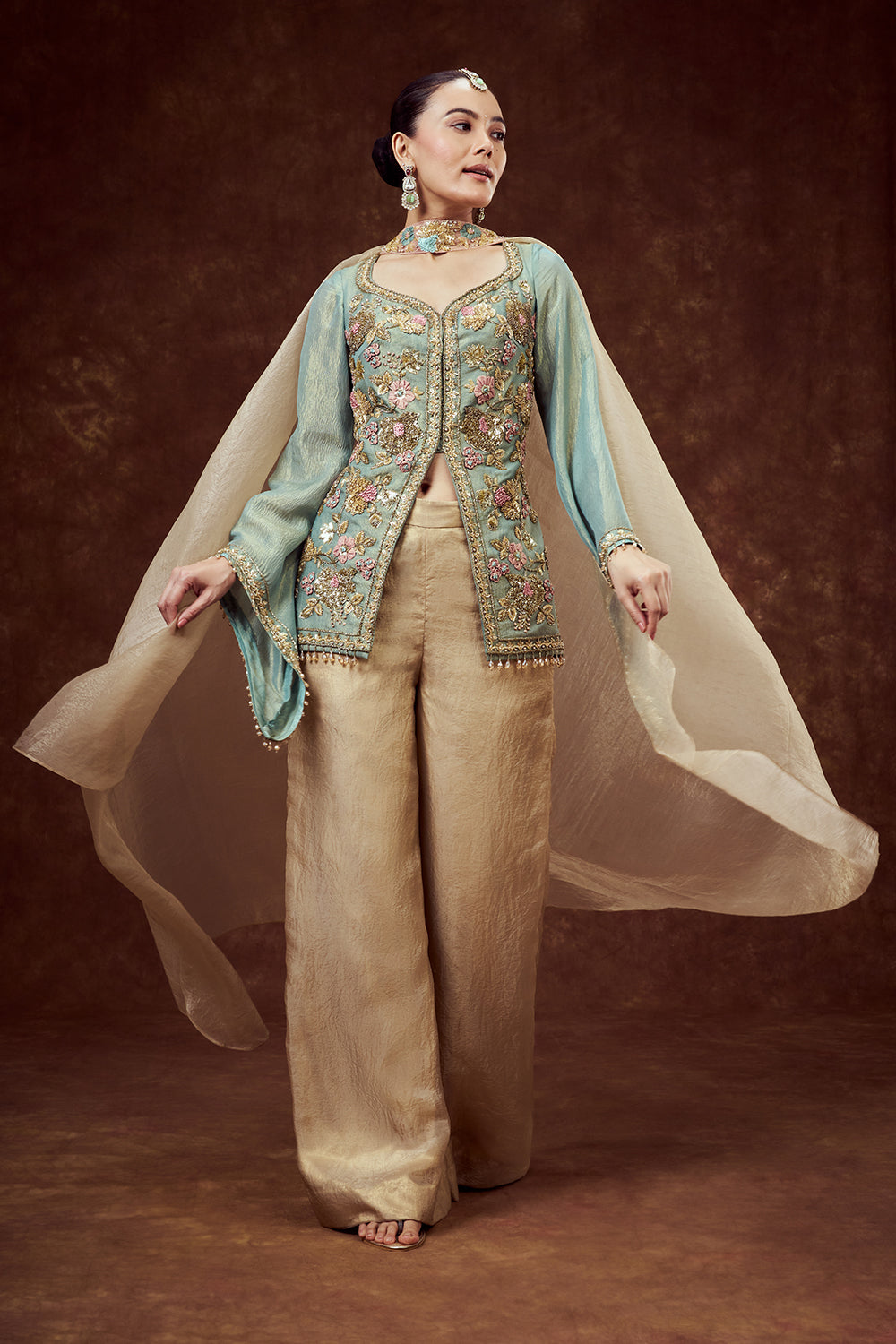 Sea Green Embroidered Longline Jacket with Golden Palazzo Pants
