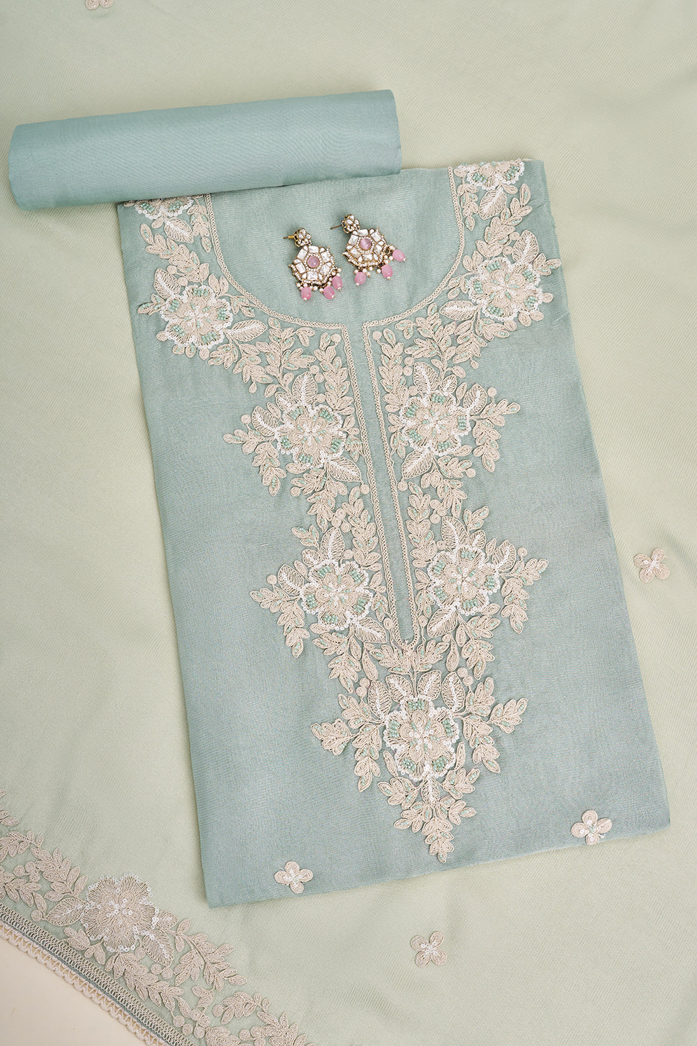 Sea Green Floral Embroidered Unstitched Suit Set