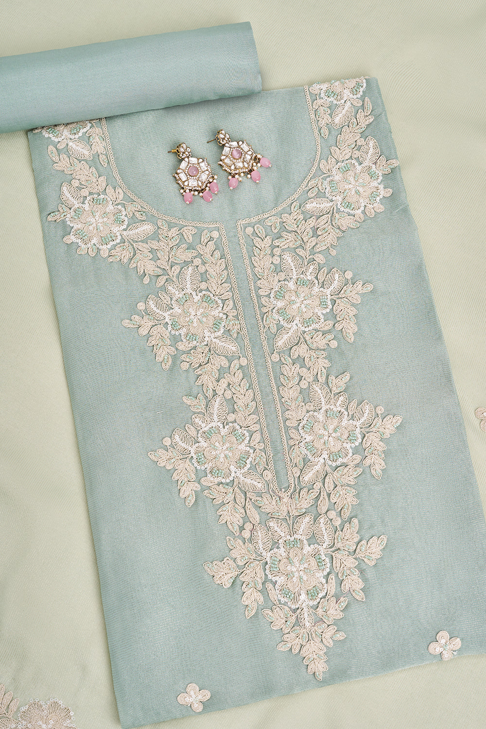 Sea Green Floral Embroidered Unstitched Suit Set