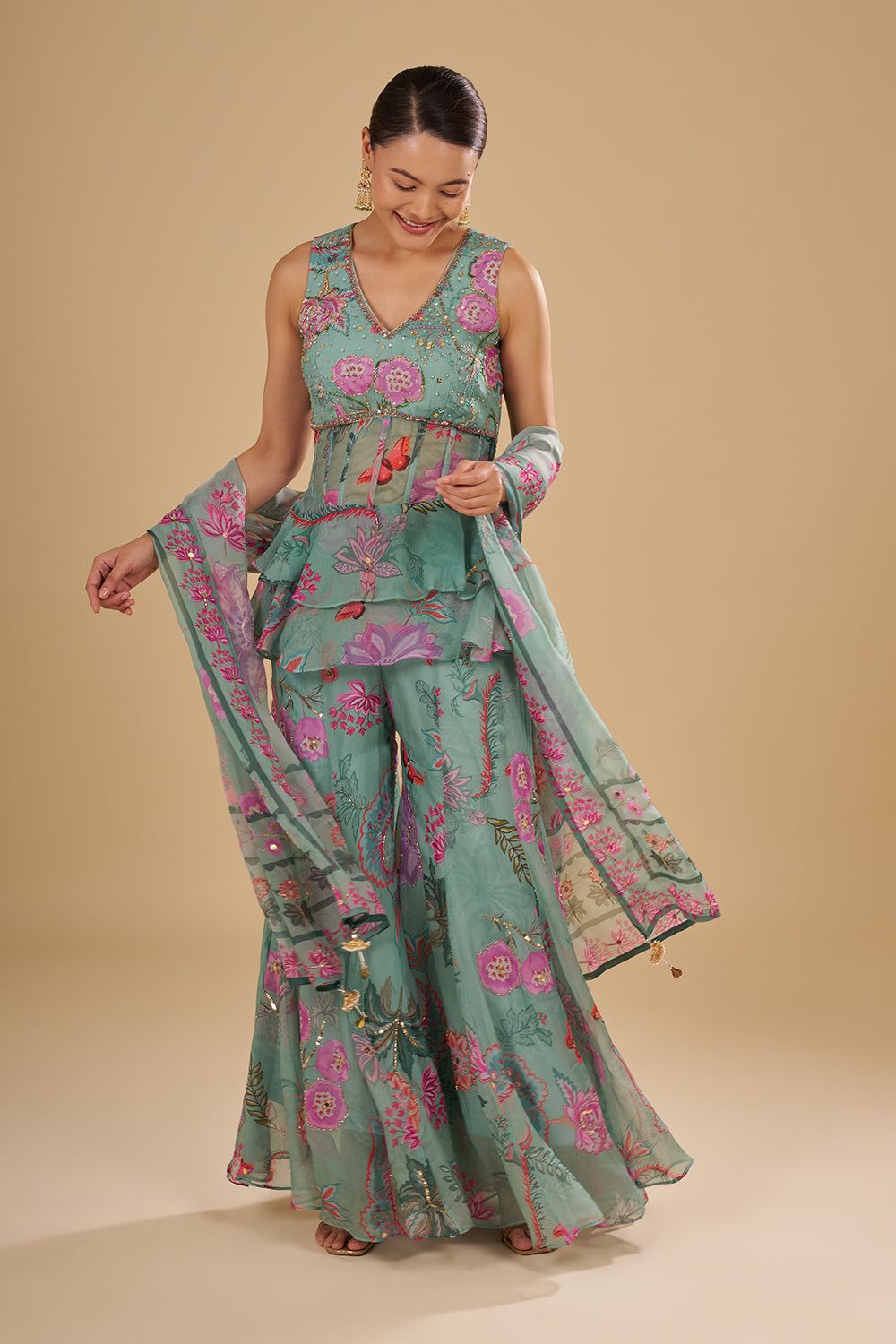 Sea Green Floral Printed Chiffon Peplum Set with Cut Dana, Mirror and Sequins Work