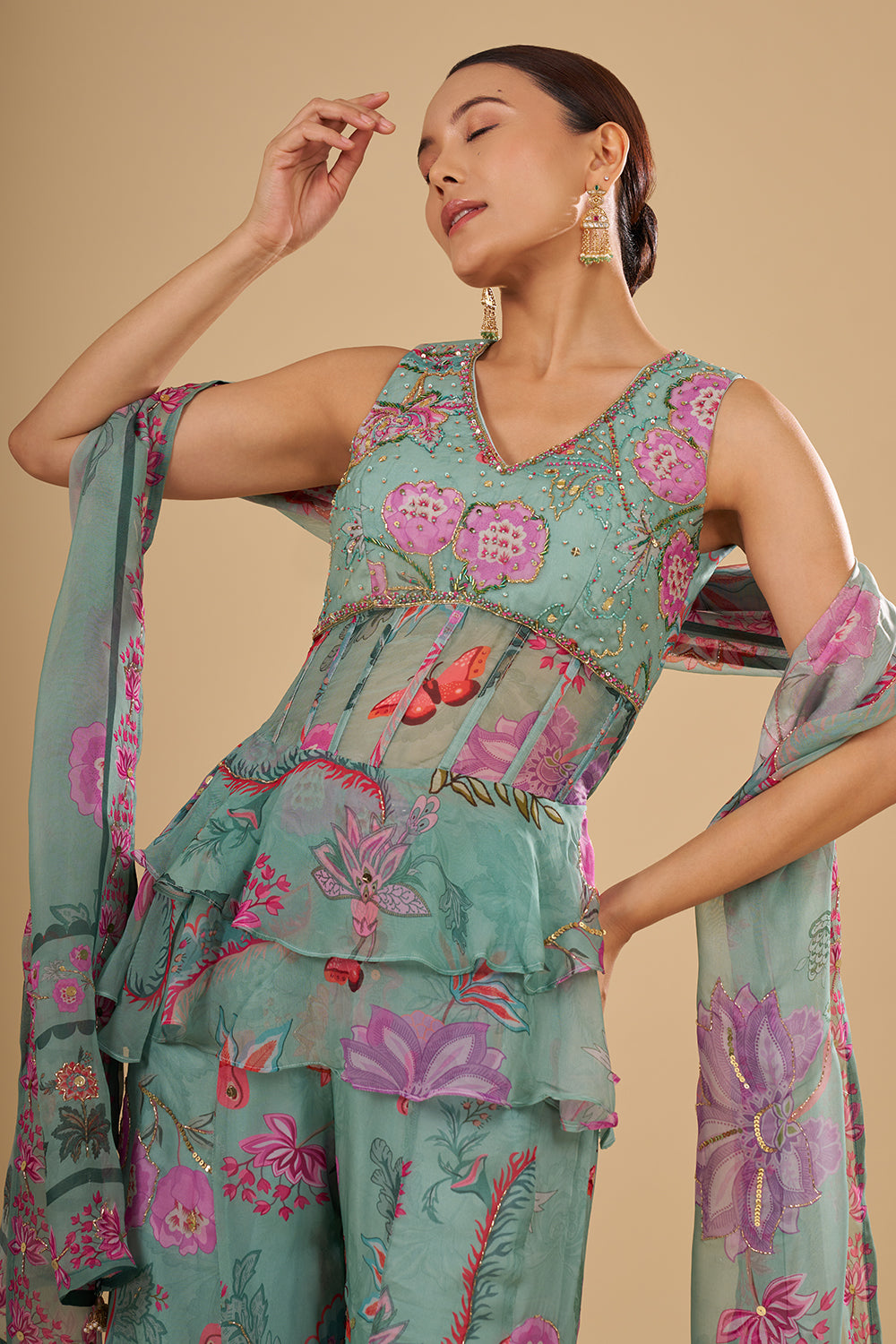 Sea Green Floral Printed Chiffon Peplum Set with Cut Dana, Mirror and Sequins Work