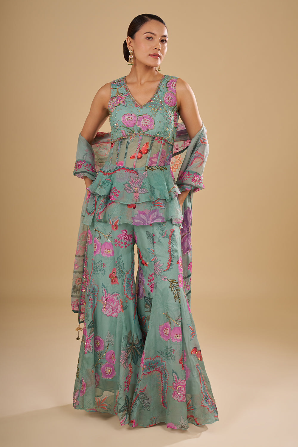 Sea Green Floral Printed Chiffon Peplum Set with Cut Dana, Mirror and Sequins Work