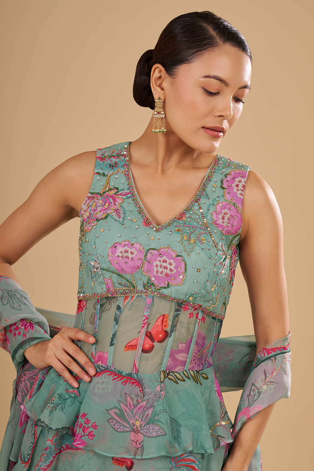 Sea Green Floral Printed Chiffon Peplum Set with Cut Dana, Mirror and Sequins Work