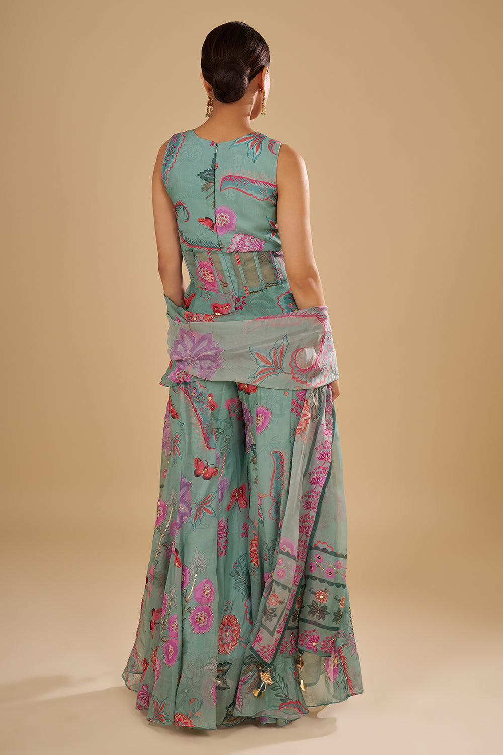 Sea Green Floral Printed Chiffon Peplum Set with Cut Dana, Mirror and Sequins Work