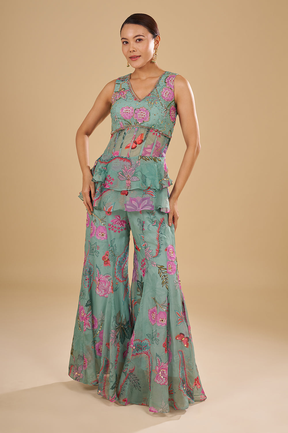 Sea Green Floral Printed Chiffon Peplum Set with Cut Dana, Mirror and Sequins Work