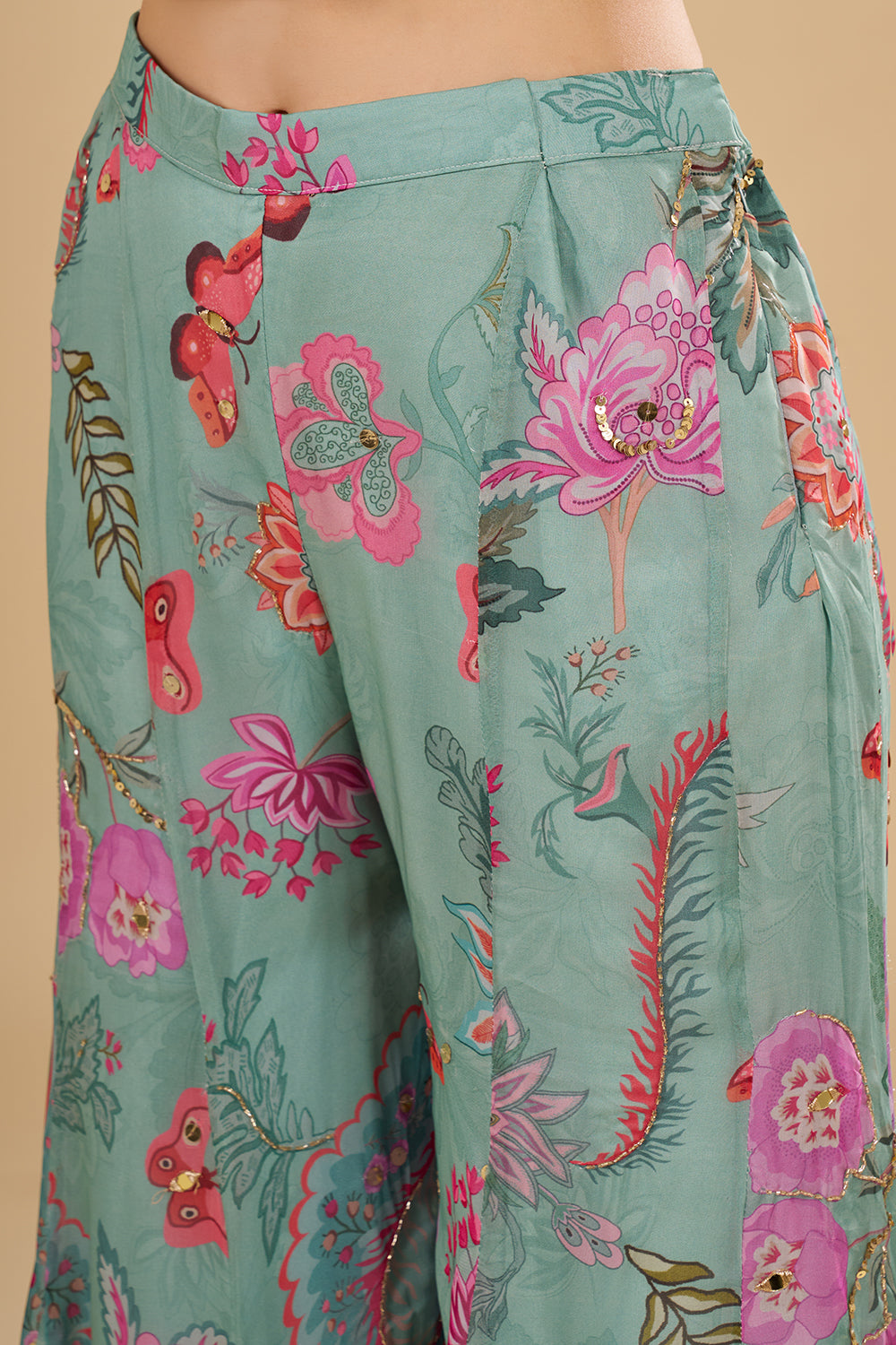 Sea Green Floral Printed Chiffon Peplum Set with Cut Dana, Mirror and Sequins Work