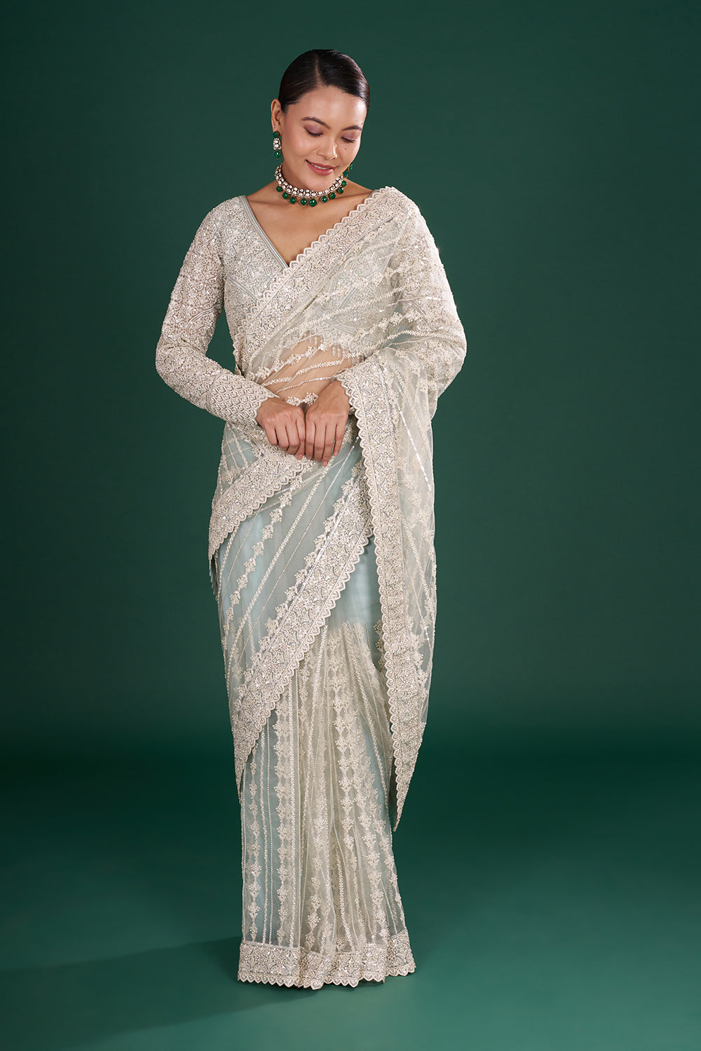 Sea Green Net Embroidered Saree with Resham Embroidery and Stitched Blouse