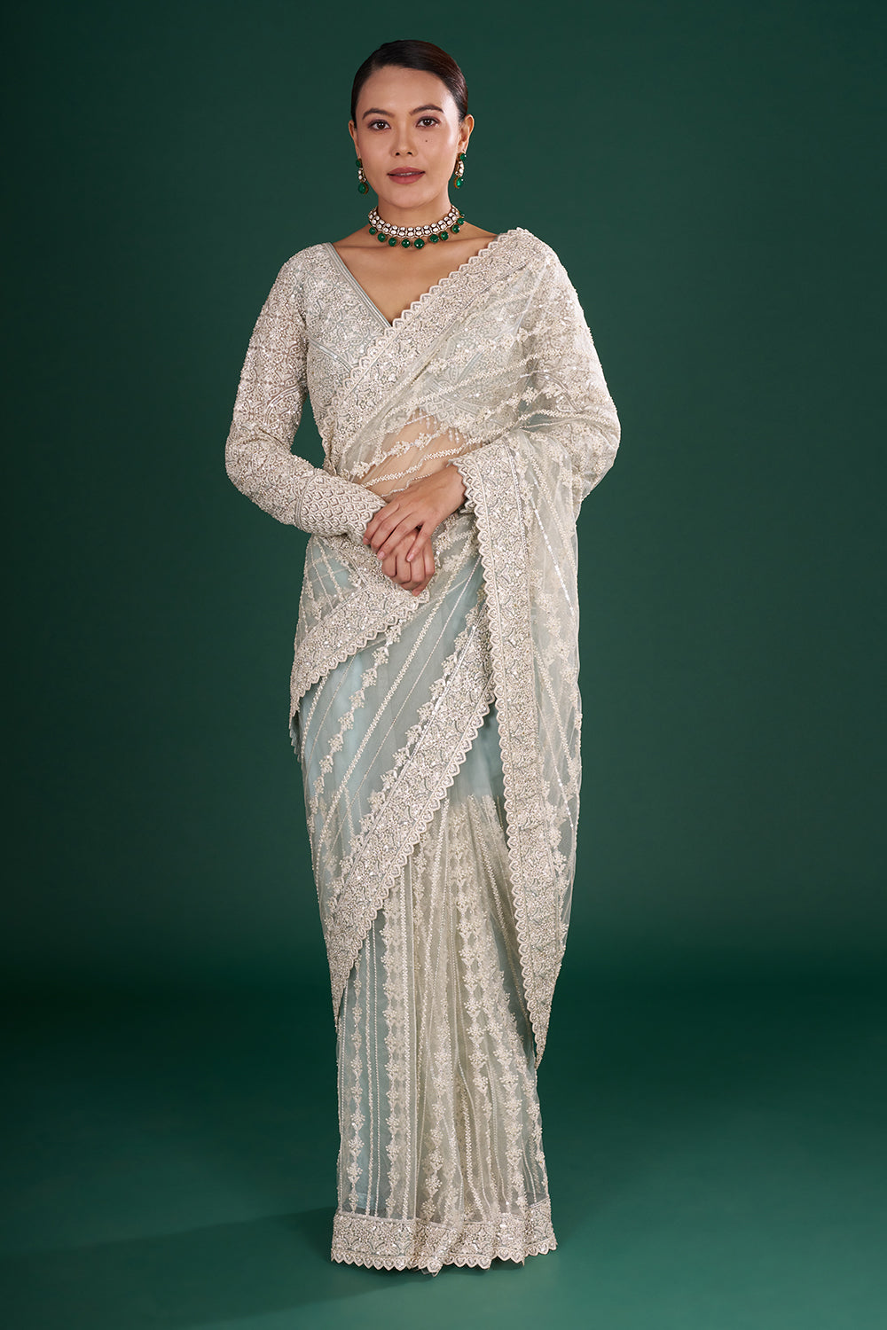 Sea Green Net Embroidered Saree with Resham Embroidery and Stitched Blouse