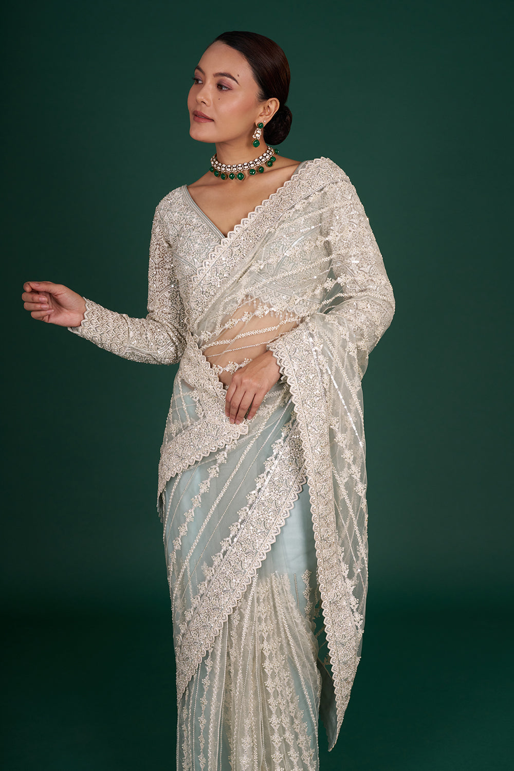 Sea Green Net Embroidered Saree with Resham Embroidery and Stitched Blouse