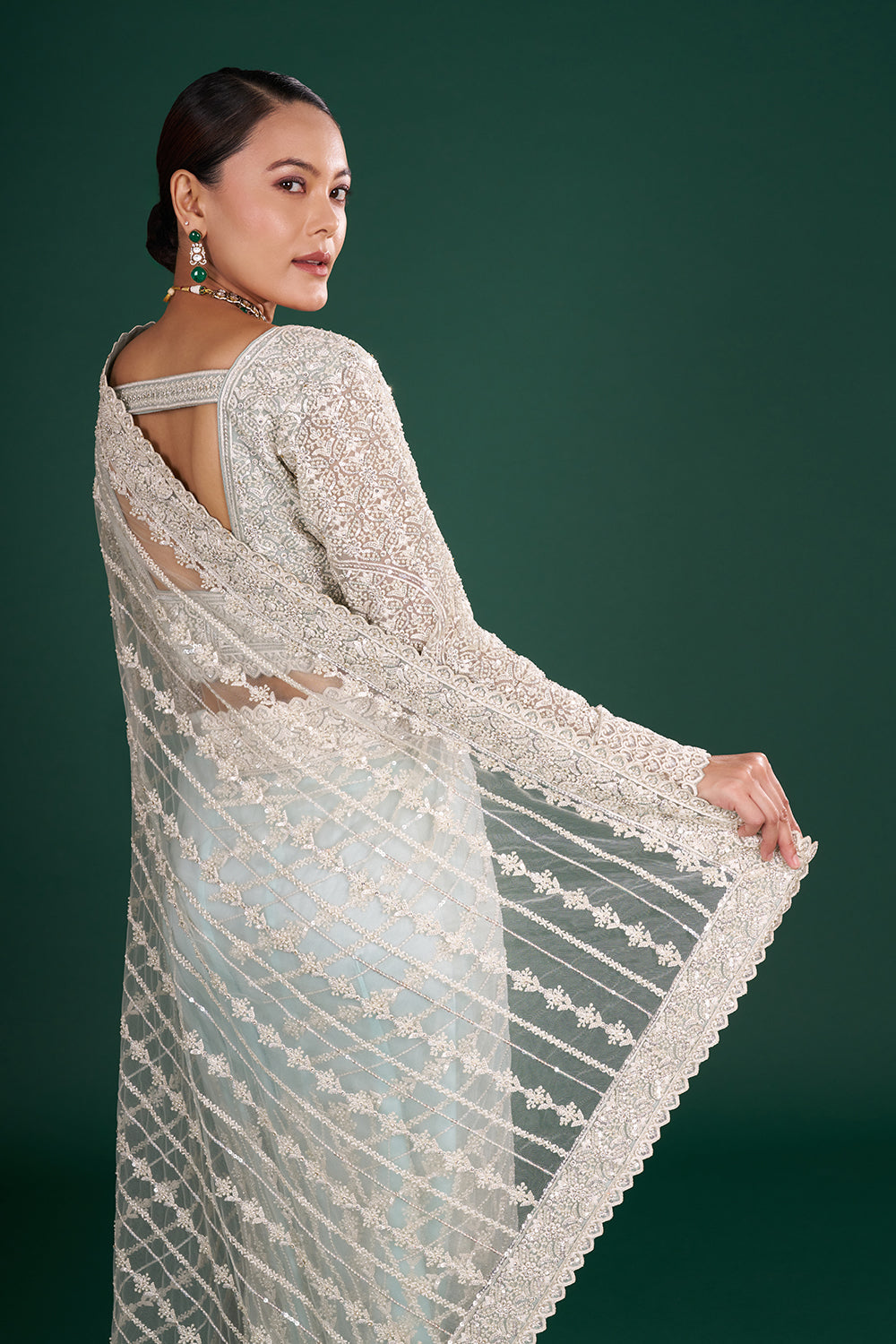 Sea Green Net Embroidered Saree with Resham Embroidery and Stitched Blouse