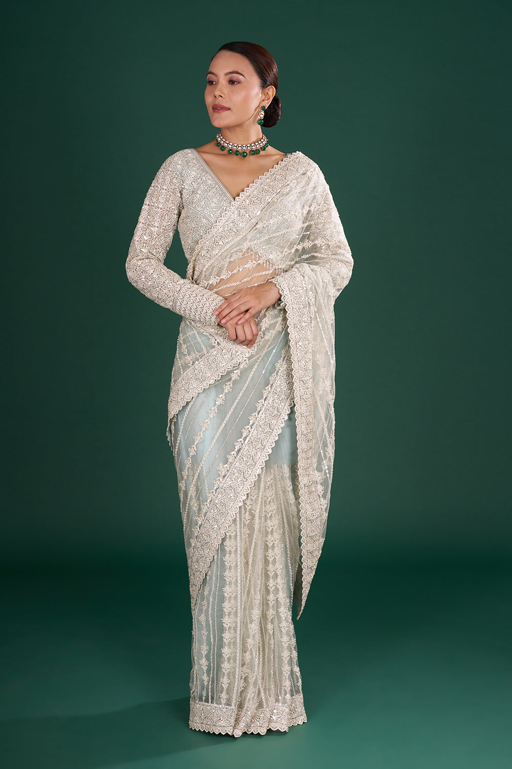 Sea Green Net Embroidered Saree with Resham Embroidery and Stitched Blouse