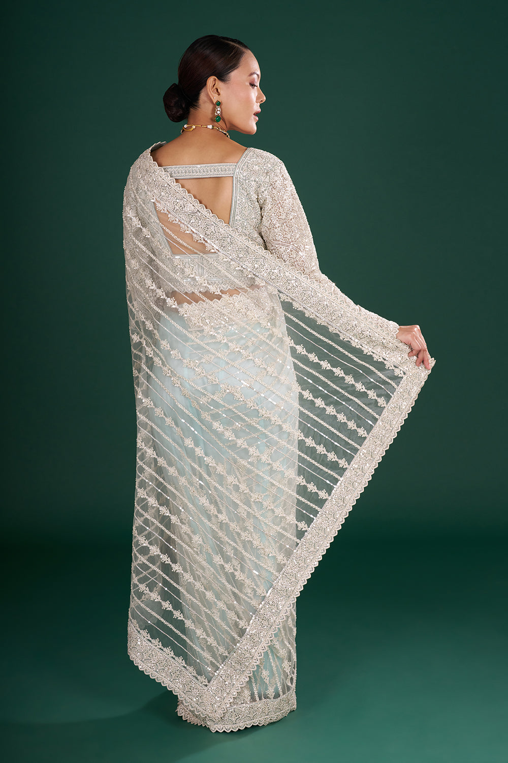Sea Green Net Embroidered Saree with Resham Embroidery and Stitched Blouse
