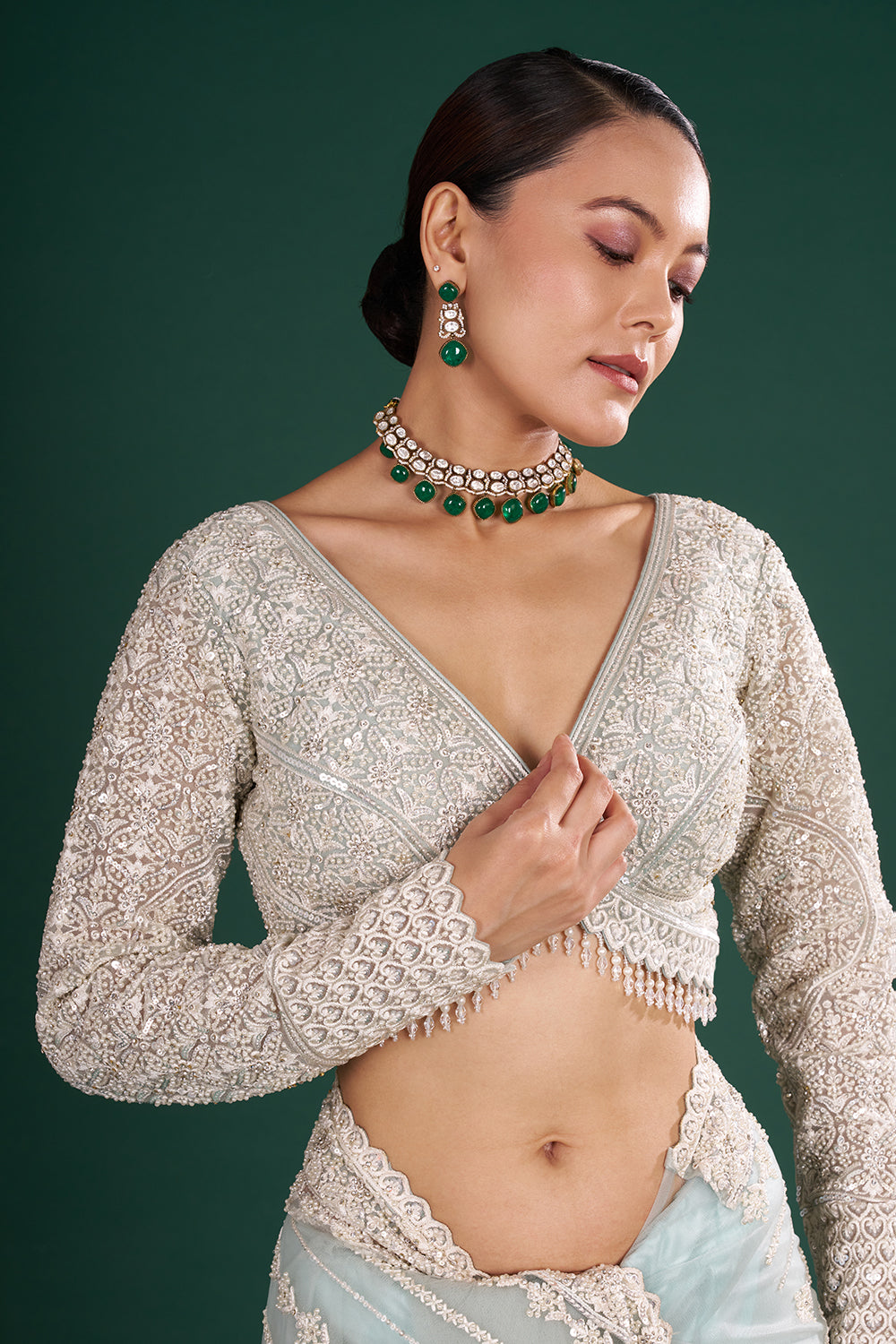 Sea Green Net Embroidered Saree with Resham Embroidery and Stitched Blouse
