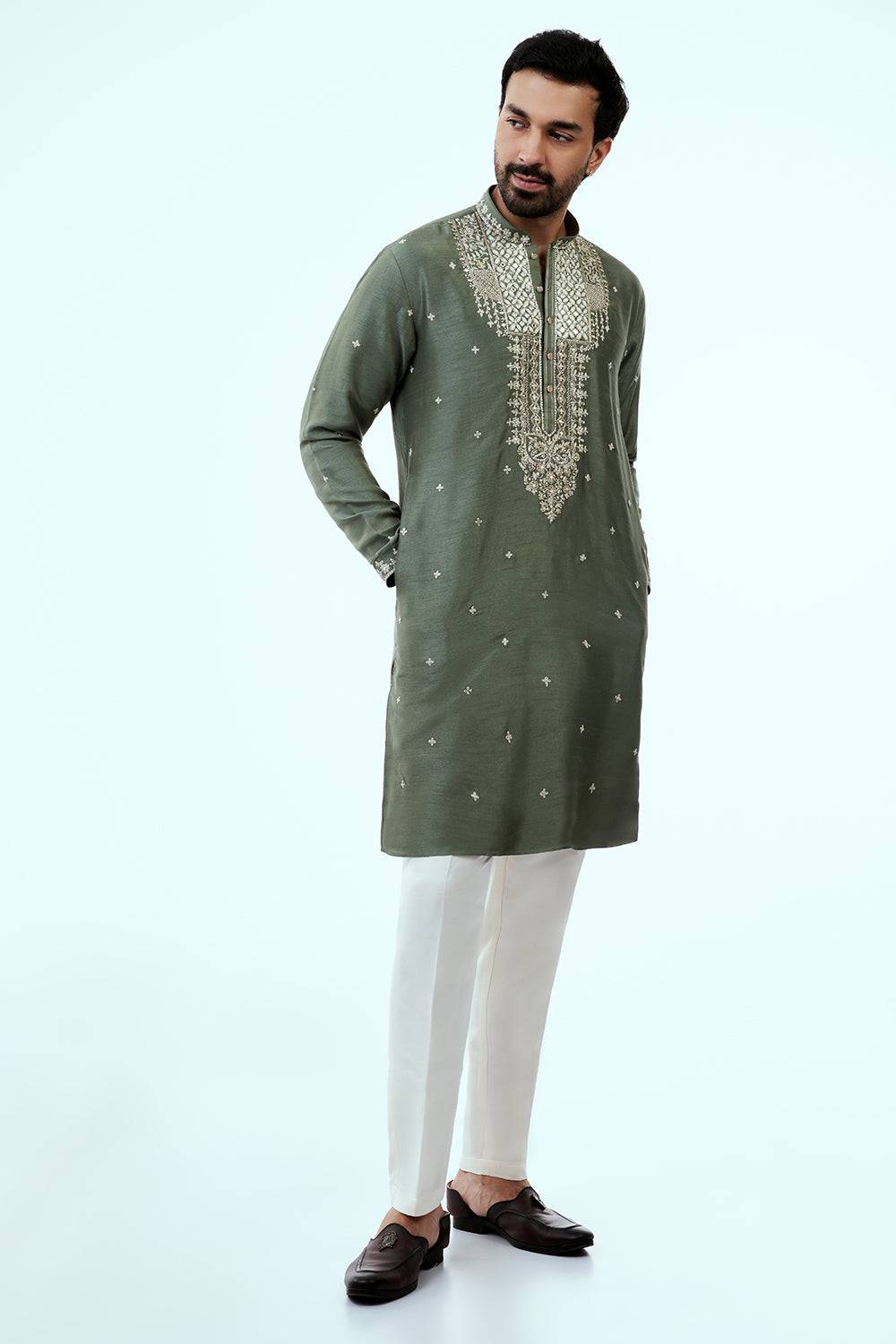 Sea Green Raw Silk Mens Kurta Set with Zari and Mirror Work